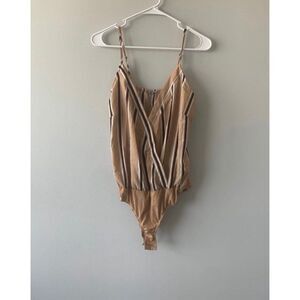 Charlotte Russe Women Neutral Nude Striped Bodysuit Top